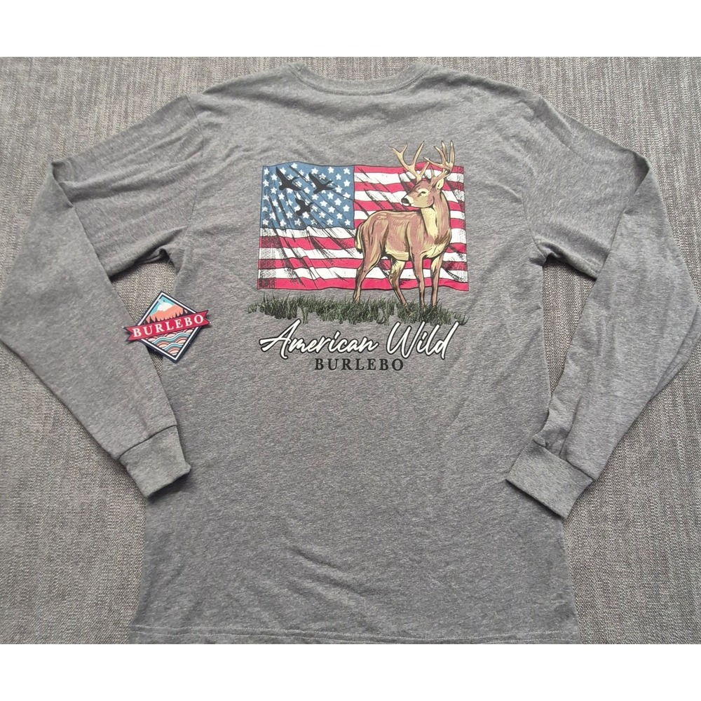 NWT Burlebo gray two side graphic long sleeve t-shirt SM American Wild pocket